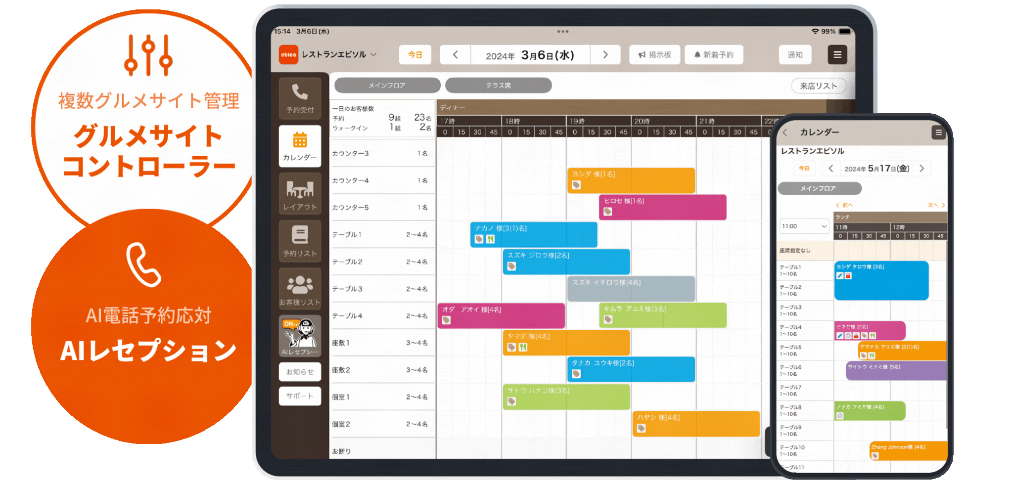 飲食店向け予約管理システム「ebica」｜グルメサイト管理・AI電話予約応対