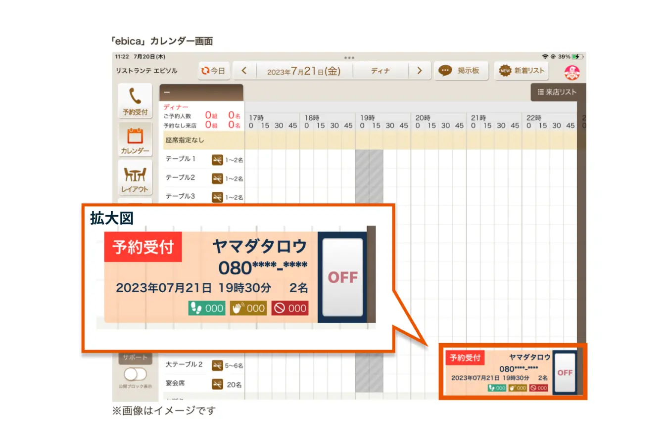 電話が店舗に転送された時、「AIレセプション」が確認済みの予約情報を「ebica」の画面に表示します