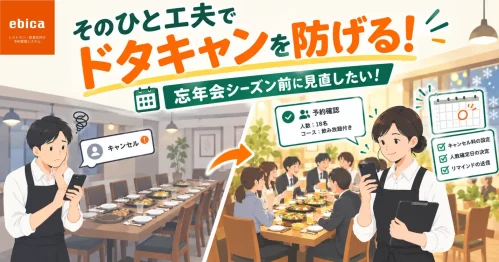 <strong>【コラム】そのひと工夫でドタキャンは防げる！</strong>キャンセルを防ぐカギは「人数確定日」までの流れを先に決めておくこと。忘年会新年会の予約が増える今できる対策を解説しています！