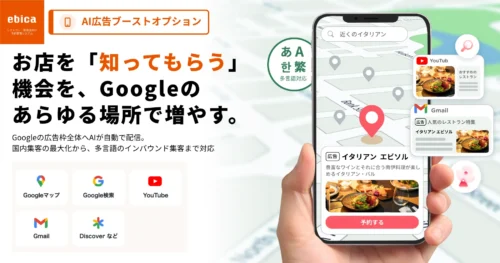 【新オプション】Google広告を、AIが飲食店向けに自動配信
「AI広告ブーストオプション」を公開。Googleマップ・検索・YouTubeなどへ自動配信し、予約完了まで計測。運用はエビソルにおまかせ。※ご利用店舗向け
