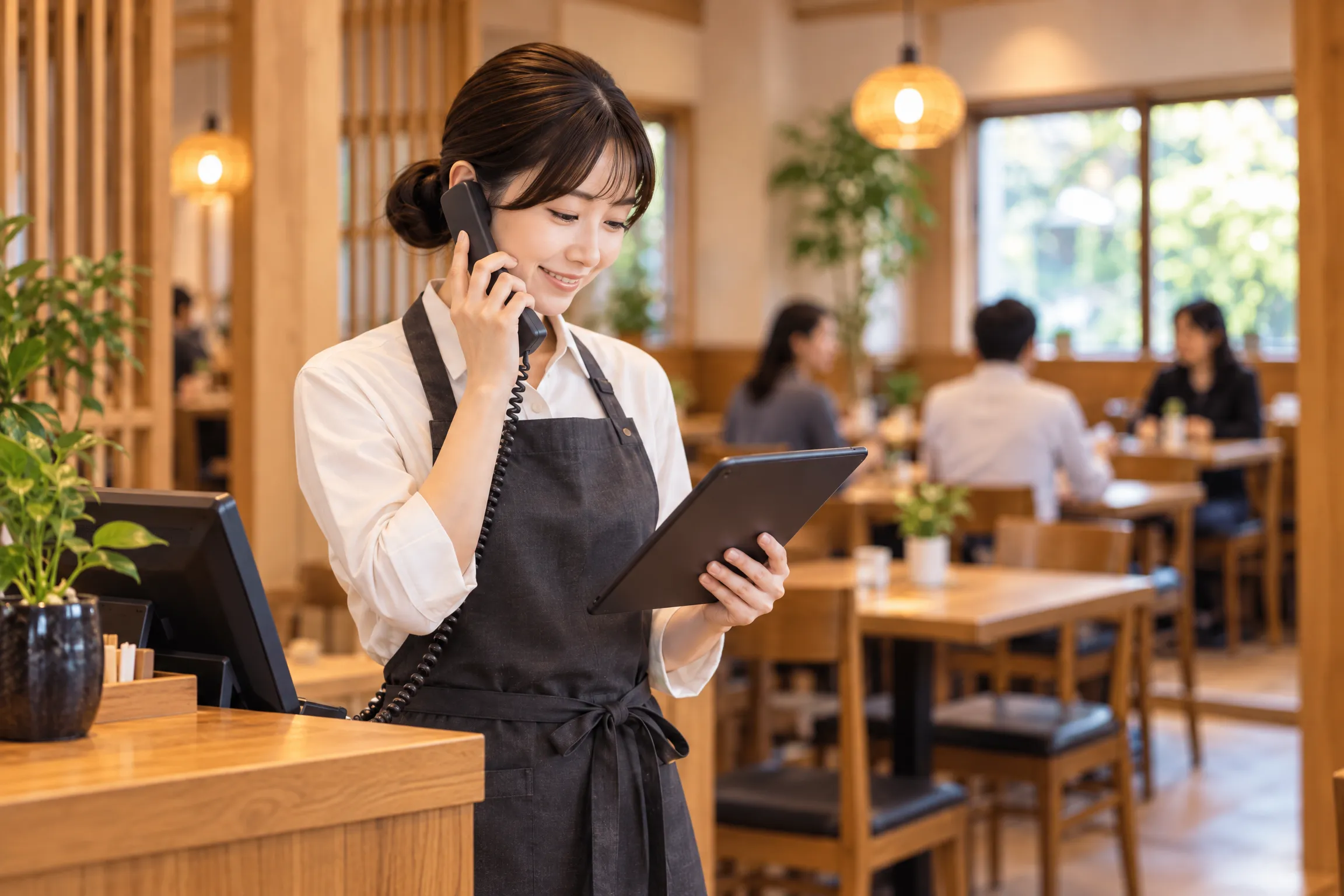 転送された電話にスタッフがebicaの画面を見ながら応対するイメージ